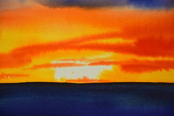 Seascape painting, sunset seaside original watercolor painting, sea ocean wall art