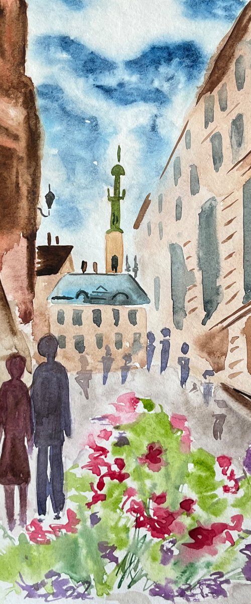 Lviv Painting Couple Original Art Ukraine Small Watercolor Cityscape Artwork 8 by 12 inches by Halyna Kirichenko by Halyna Kirichenko