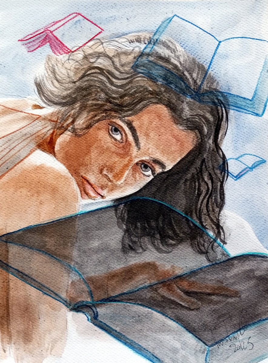 Illustrative Portrait Pastel Drawing By Paolo Beneforti, 7 X 9", Reader With Books, Original Artwork