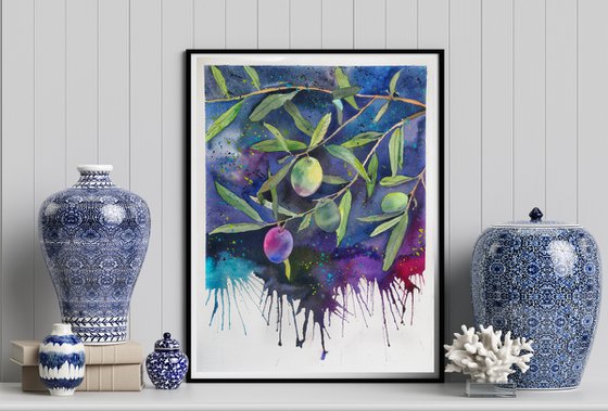 Olives on a dark background - original watercolor, falling paint