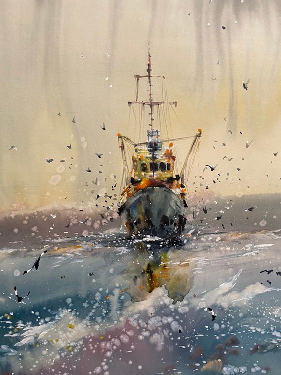 Watercolor "Old boat III” gift For Him