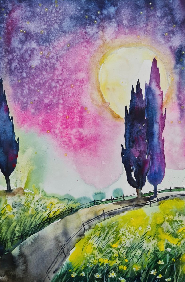 Surrealistic Landscape Watercolour By Evgenia Smirnova, 15 X 22, Whispering Cypress, Original Artwork
