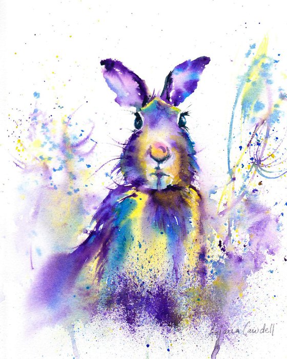 Hare painting, March Hare, original watercolour painting, Wildlife Wall art, Purple, Whimsical Hare painting