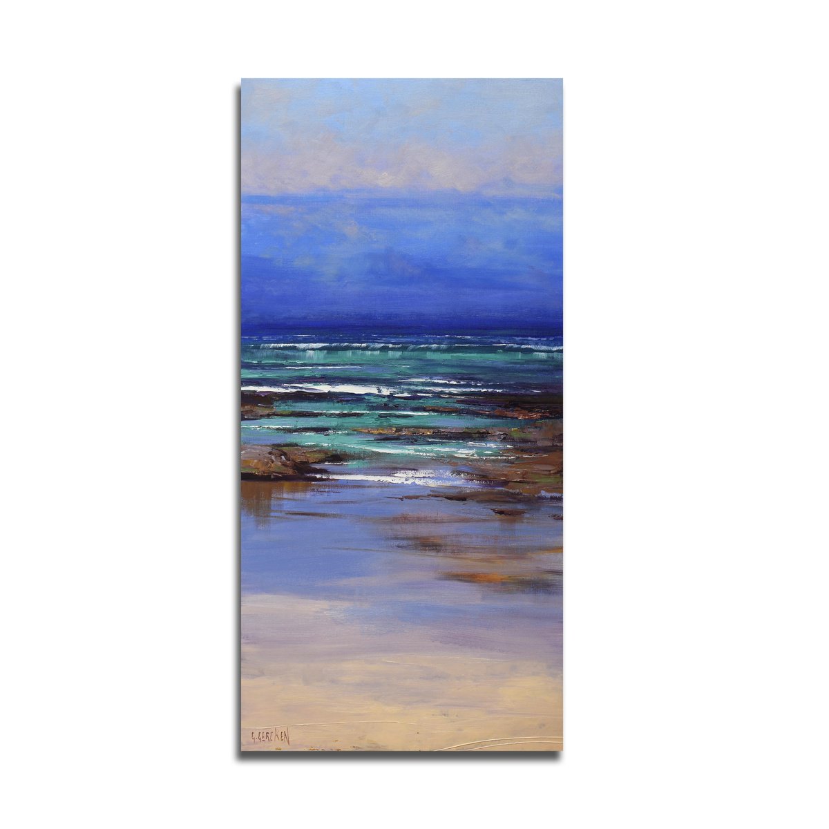 Impressionistic Landscape Oil Painting By Graham Gercken, 15 X 30, Beach Sand Rocks And Sky, Original Artwork