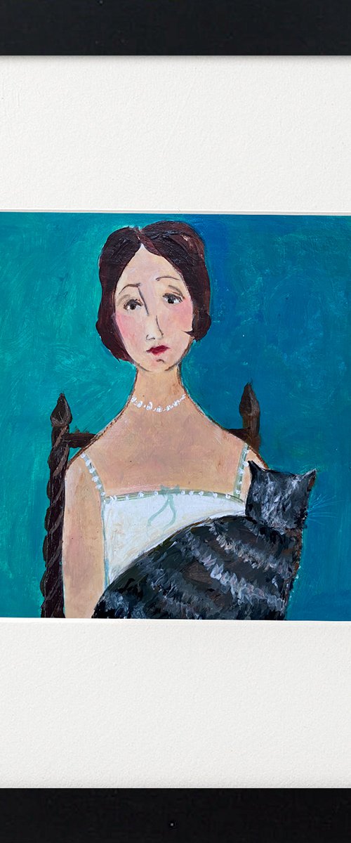 Woman in bodice, Tabby Cat framed by Teresa Tanner