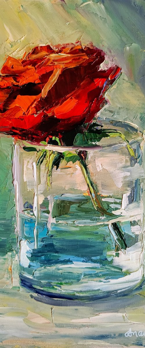 Red rose in the glass Framed and ready to hang floral painting by Anastasia Art Line