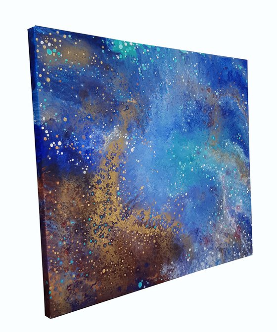"The unknown beckons" space, sky, sea landscape, original acrylic painting, abstract art, office home decor, blue, gold, copper