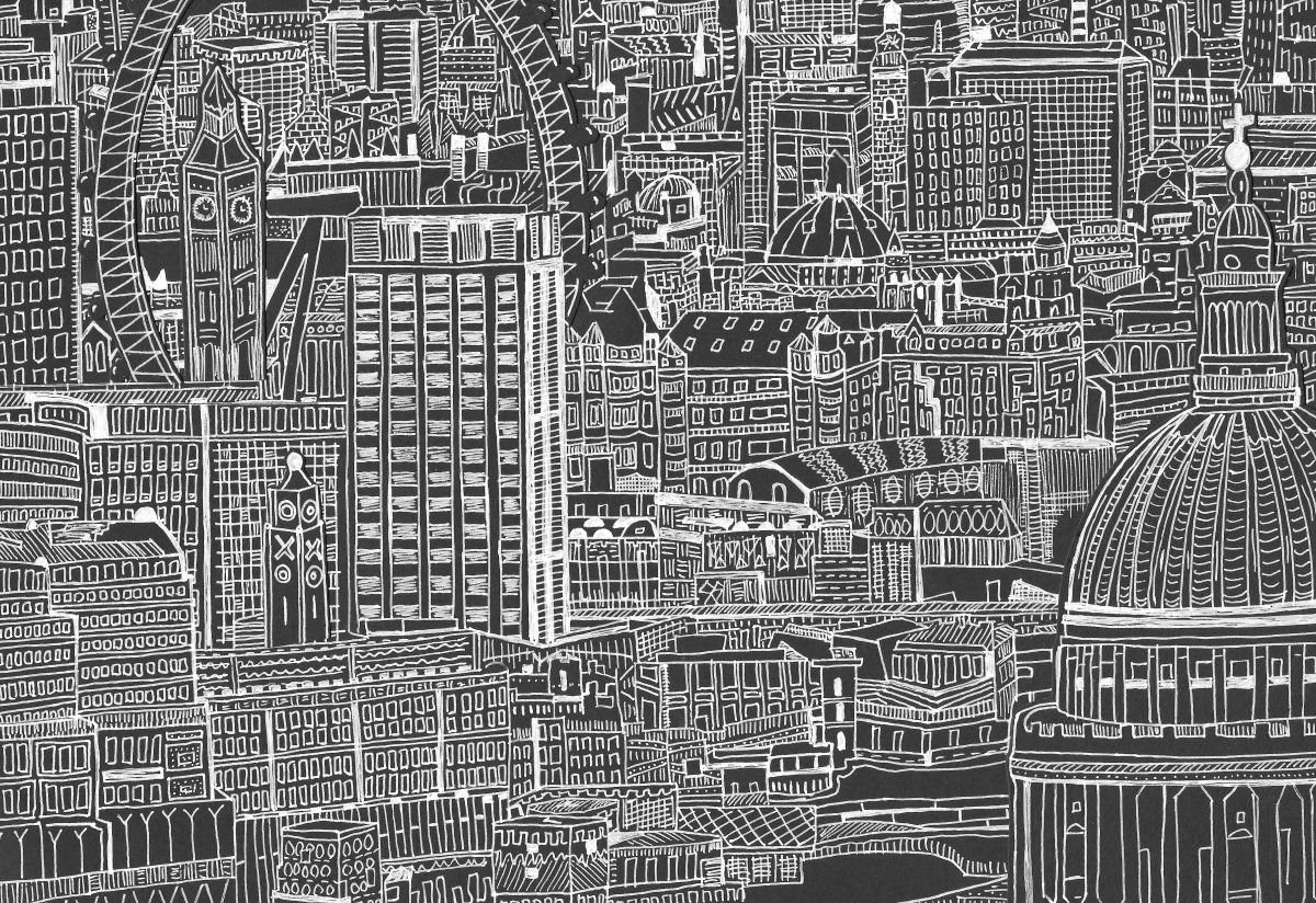 London skyline black and white drawing with collage detail by Emma Bennett