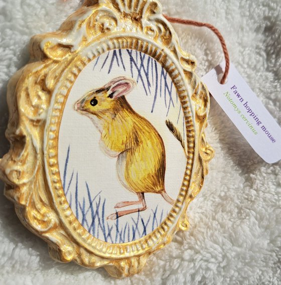 Fawn hopping mouse, part of framed animal miniature series "festum animalium"