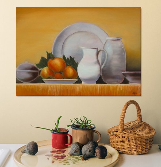 Still life with fruits and kitchen utensils