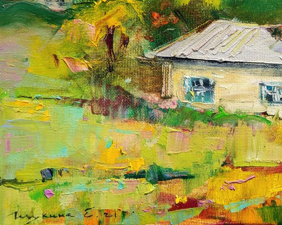 Ukrainian landscape . House in mountains , village . Original oil painting