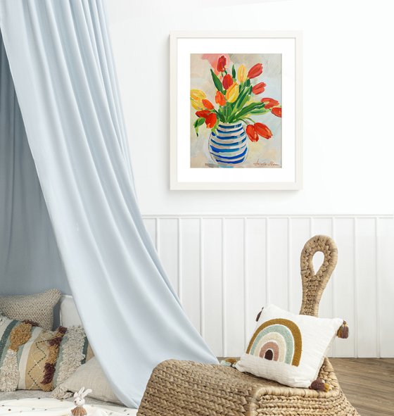 Striped Vase with Tulips
