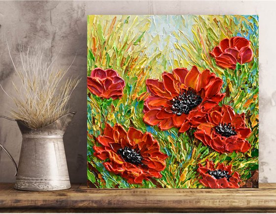 Red Poppies - Original Impasto Floral Painting, Palette Knife Textured Wall Art Canvas