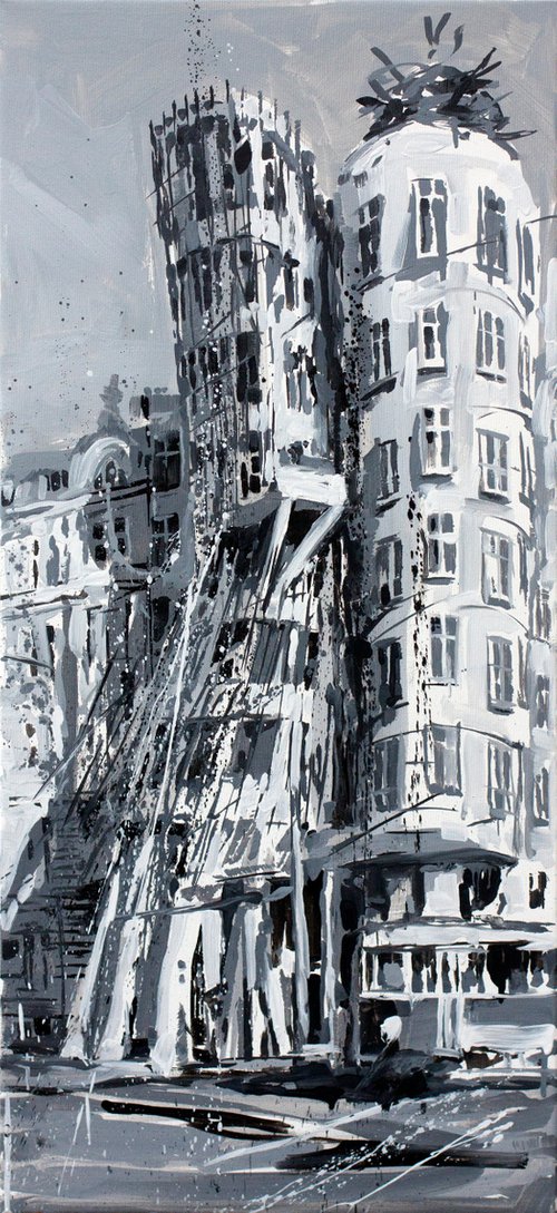 Portrait of a dancing house with a tram. by Alexandr Klemens