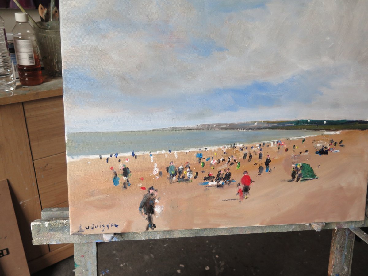 Impressionistic Landscape Oil Painting By Malcolm Ludvigsen, 24 X 18", Filey Beach, Original Artwork
