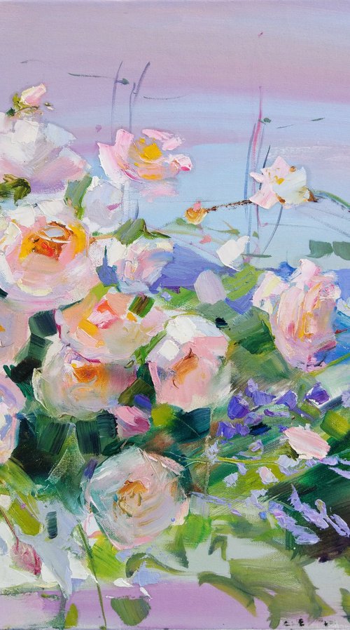 Enchanted by the light. Roses garden in Montenegro. Original plain air oil painting by Helen Shukina