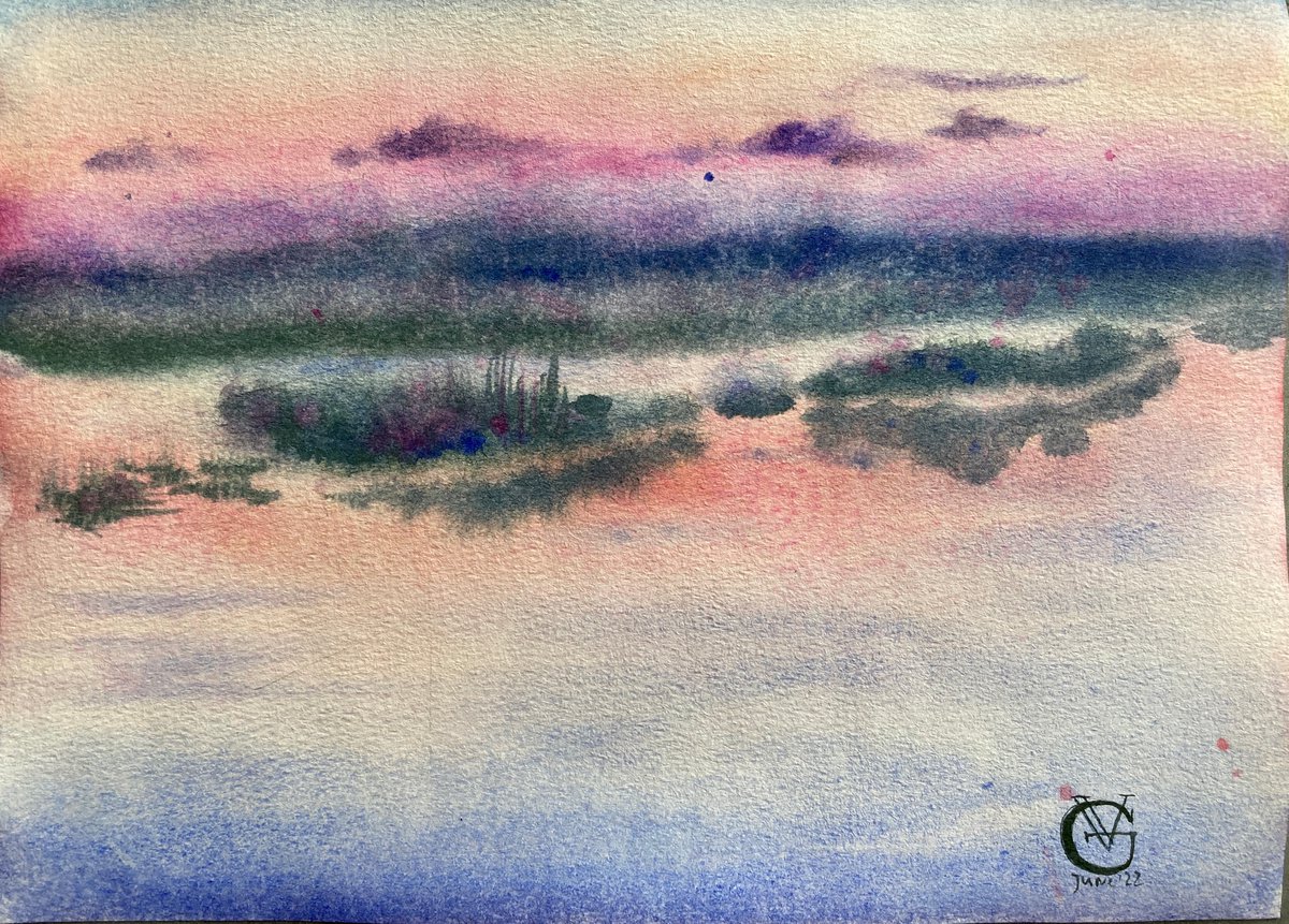 Impressionistic Landscape Watercolour By Valeria Golovenkina, 11 X 7", Foggy Sunset 2, Original Artwork