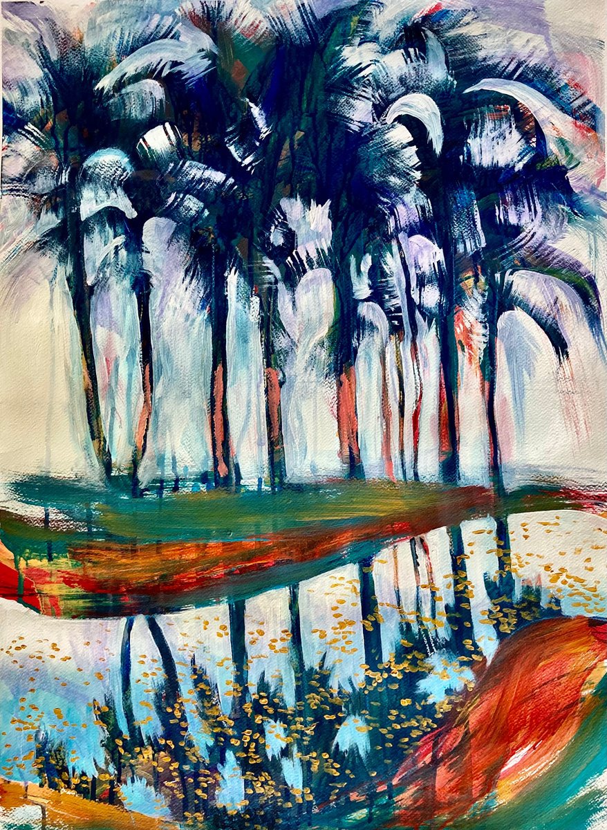Expressive Landscape Acrylic Painting By John Cottee, 22 X 30, Palms And Pond, Original Artwork