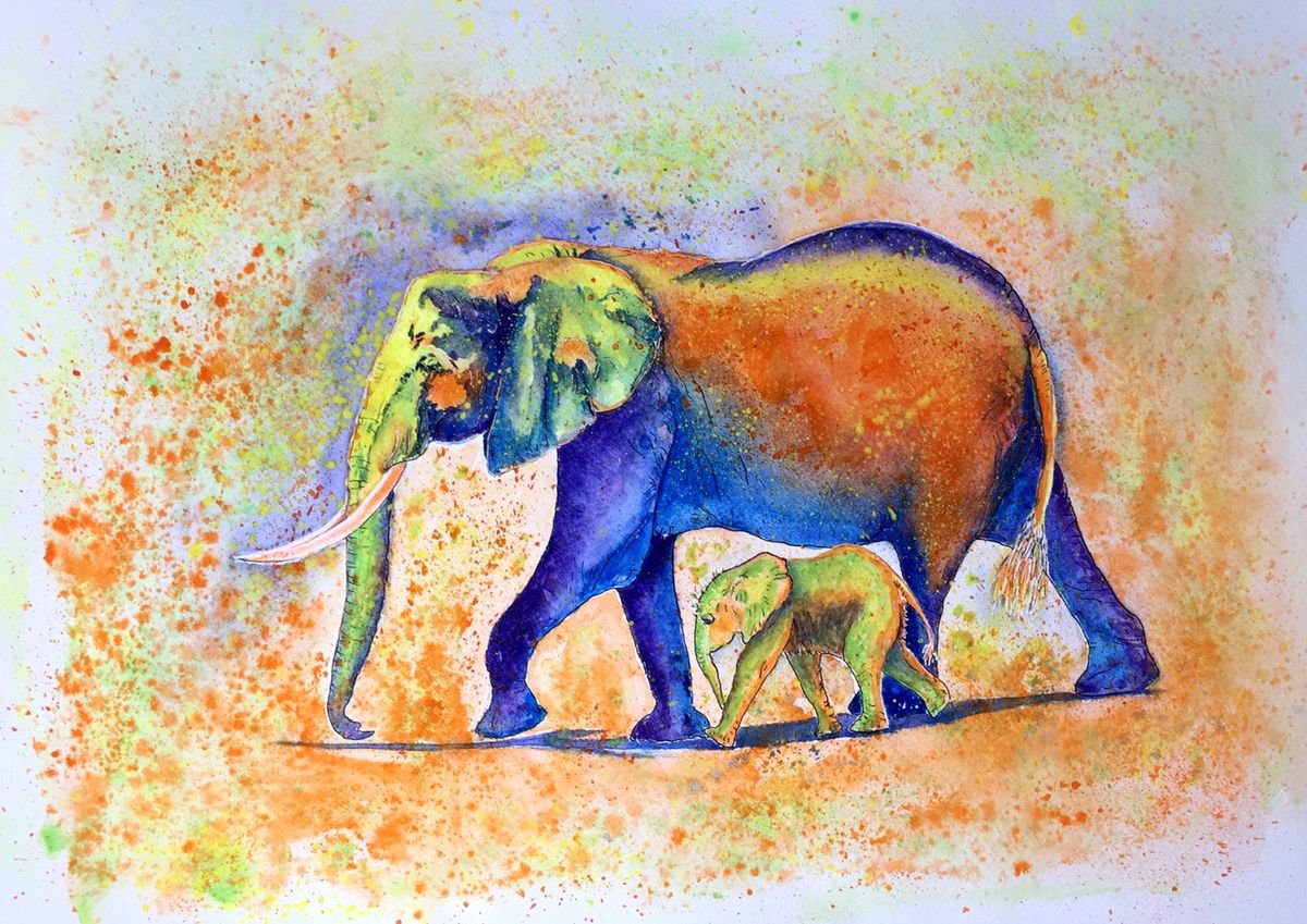 Elephant and baby by Jing Tian
