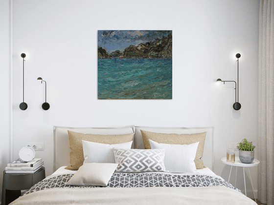 MARMARIS BAY - landscape oil painting, marina seascape, beach,  boat, turkish Turkey bay - home decor interior art  65x70