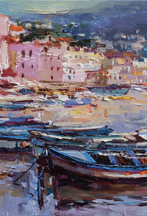 Villefranche Harbor, French Riviera - France Landscape painting by Anastasiia Valiulina