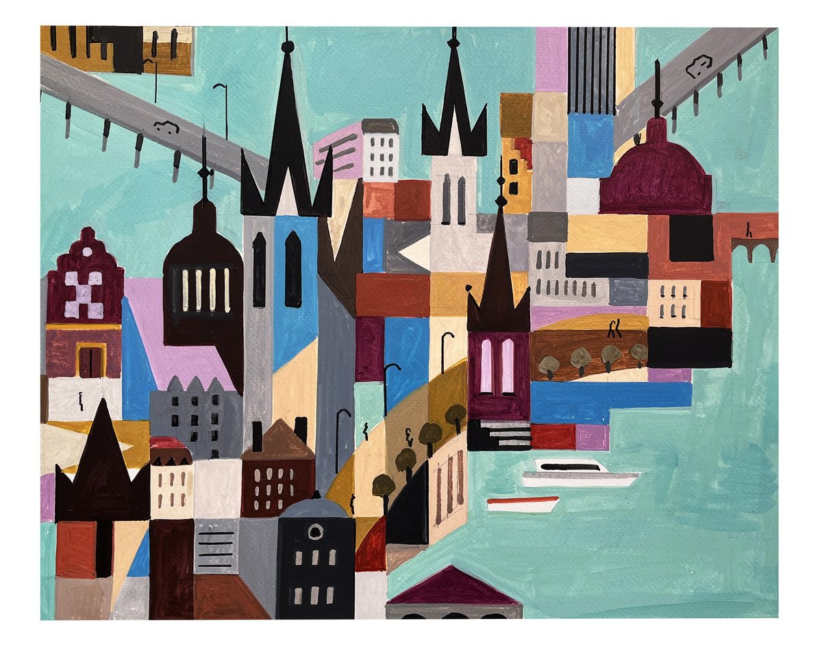 Urban And Pop Cityscapes Acrylic Painting By Andre Baldet, 17 X 13, Stockholm-01, Original Artwork
