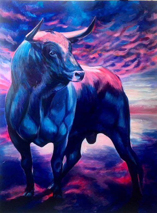 A bull on a blue background by Anzhelika Klimina