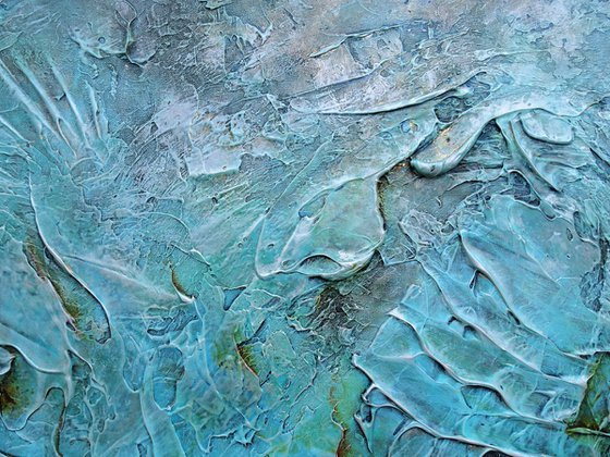 FOSSILS AND SEA SHELLS. Large Abstract Blue Teal Silver Gray Textured Painting 3D