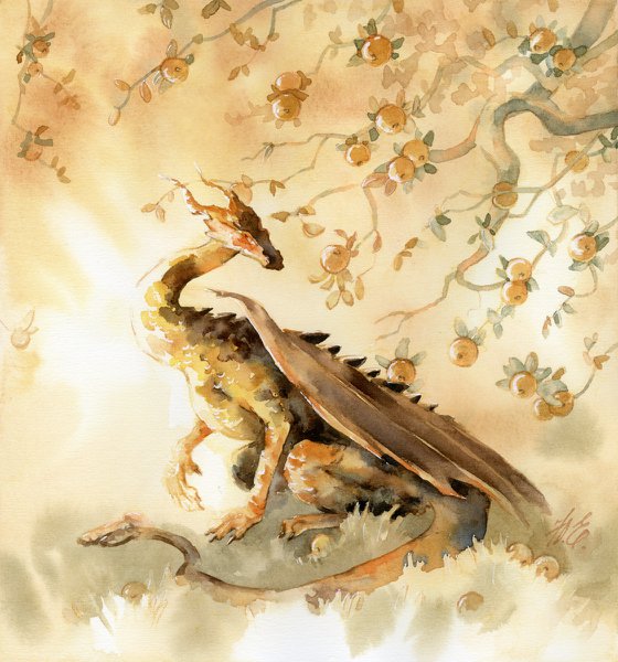 Dragon and golden apple trees Fantasy painting in watercolor