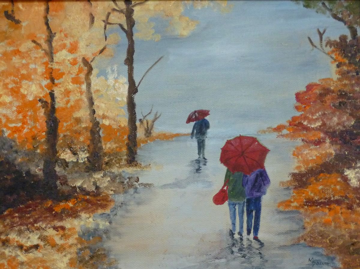Photorealistic Landscape Oil Painting By Maddalena Pacini, 13 X 10", Autumn Rain, Original Artwork