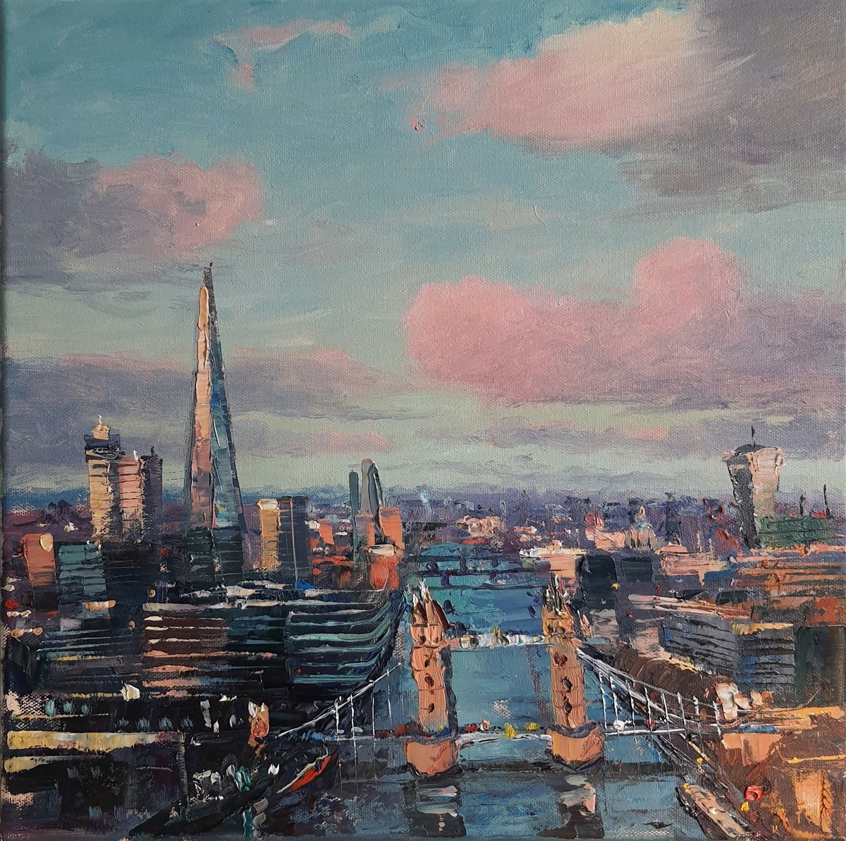 Impressionistic Cityscapes Oil Painting By Roberto Ponte, 14 X 14", View Of London, Original Artwork