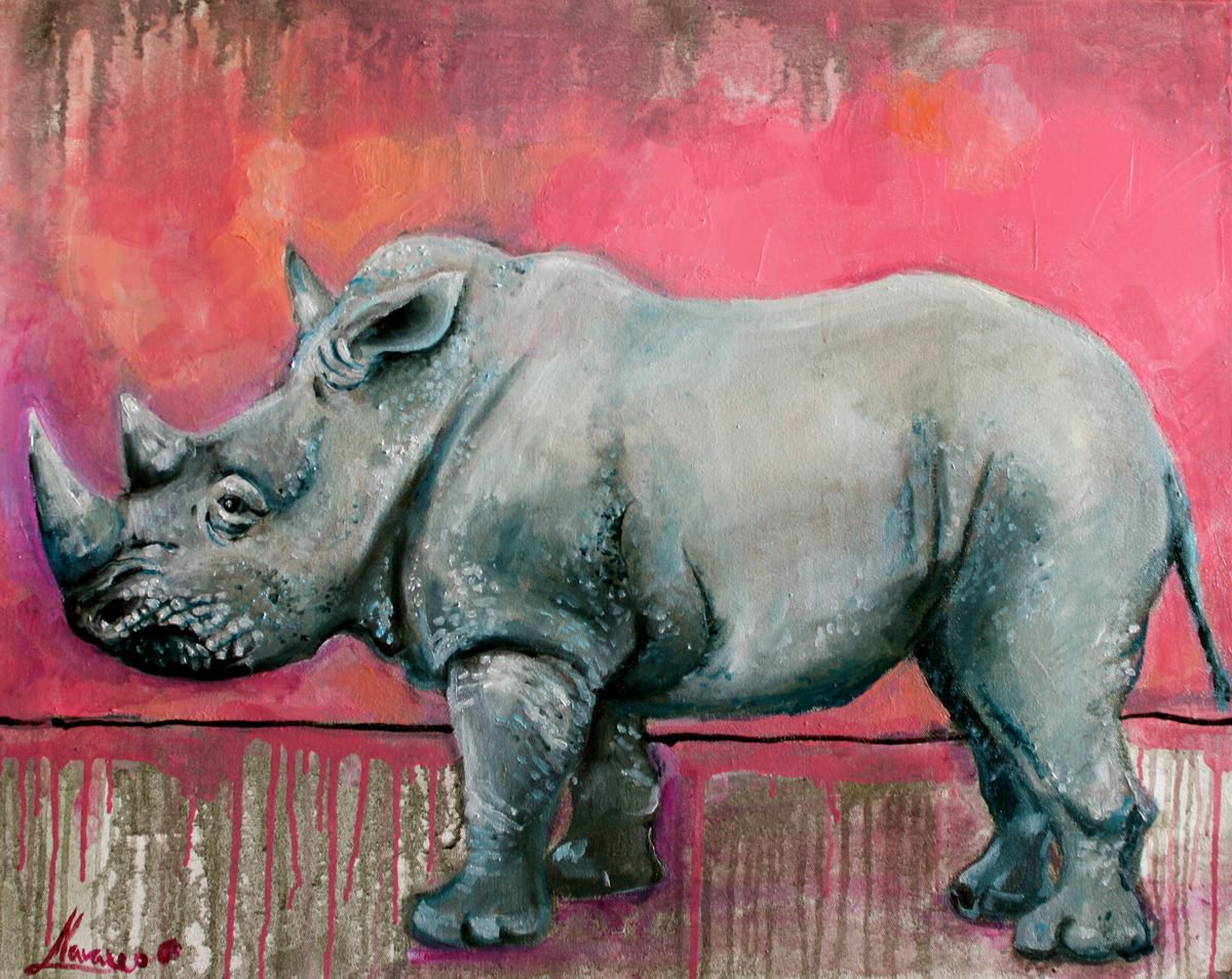 rhinoceros painting, wildlife art, african wildlife painting Still Young by Lena Navarro