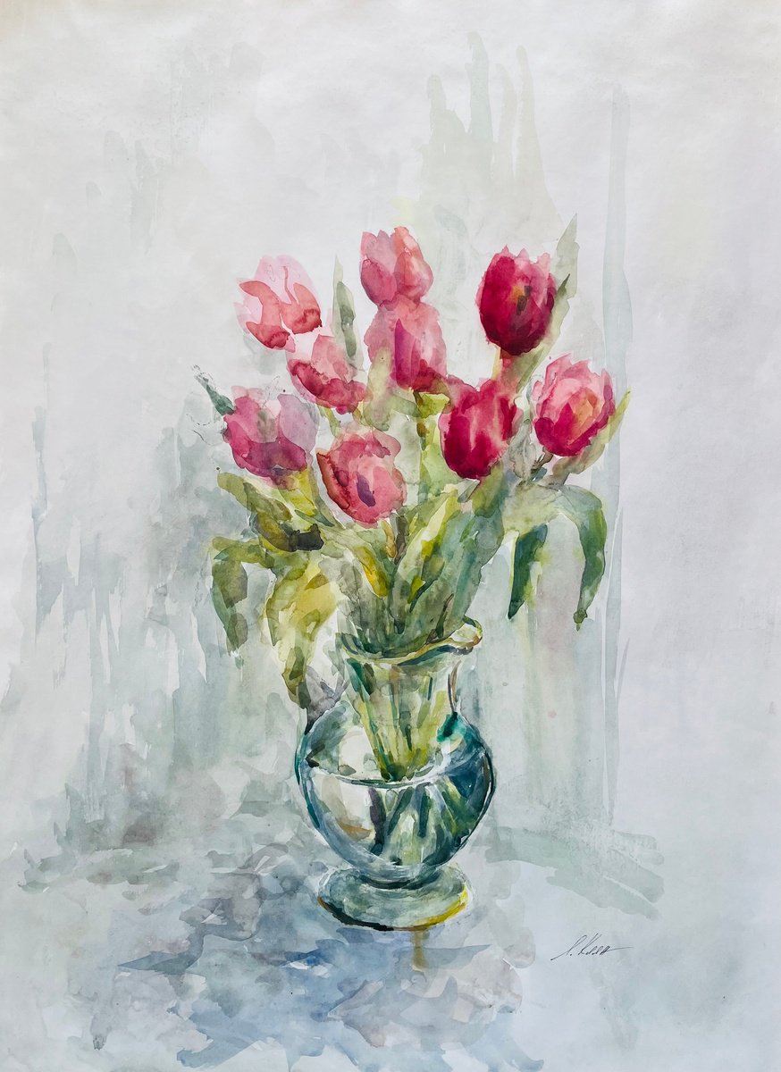 Impressionistic Botanical Watercolour By Elena Klyan, 22 X 30, Tulips Red 55X75 Cm 2025, Original Artwork