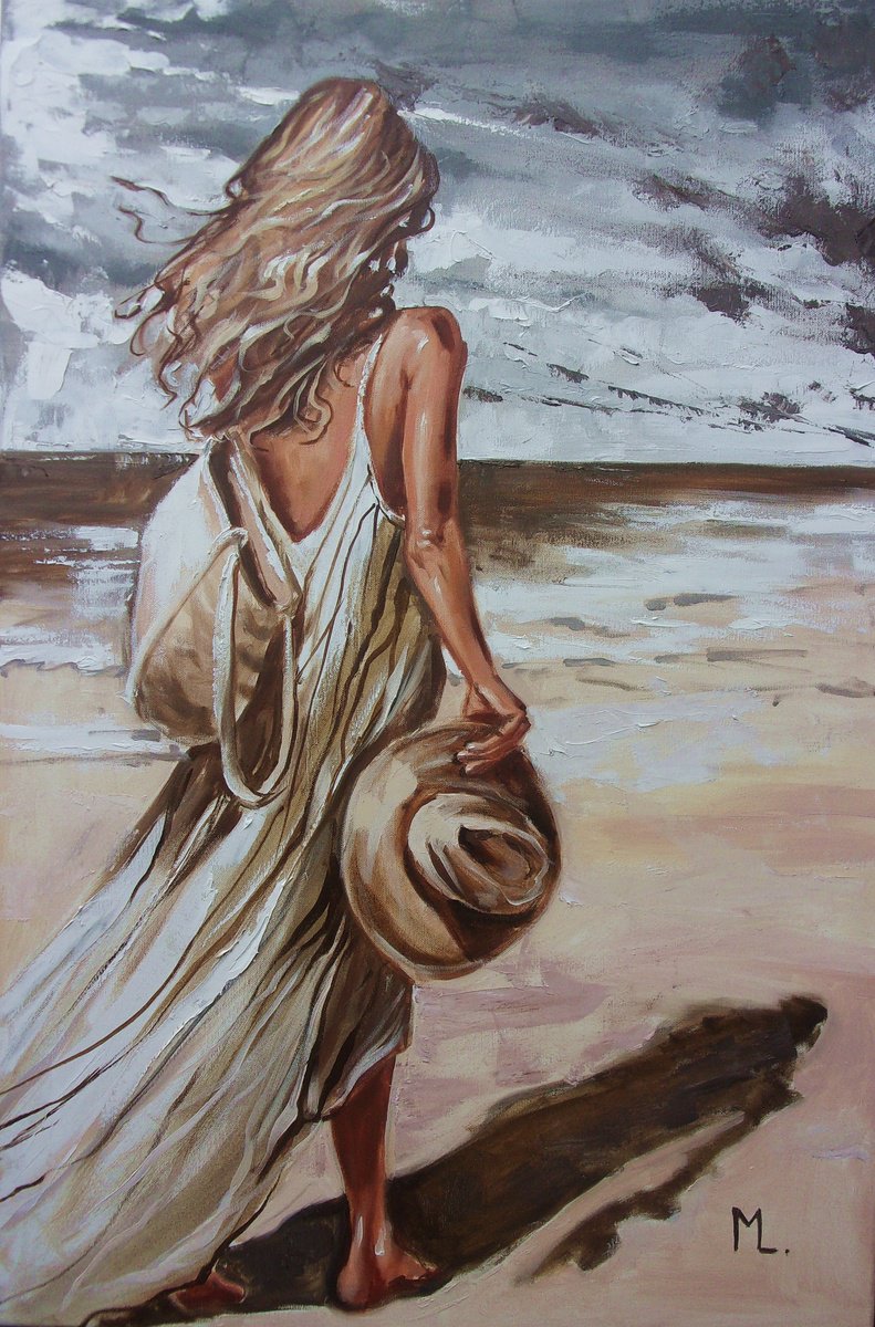 Expressive Portrait Oil Painting By Monika Luniak, 24 X 35", " Morning Walk On The Beach With Hat ", Original Artwork