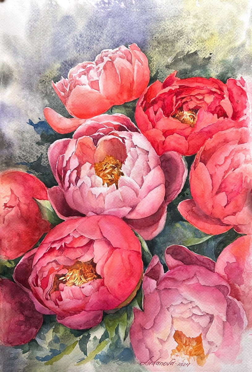 Photorealistic Botanical Watercolour By Yuliia Ludanova, 13 X 19", Pink Peonies 2, Original Artwork