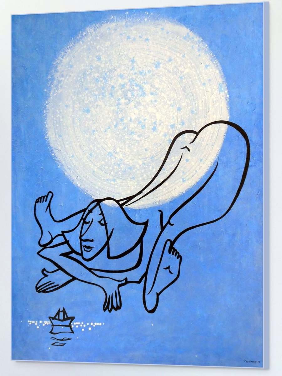 Graphic Acrylic Painting , Haiku Under An Acrylic Moon By Evgen Semenyuk, 35 X 47, Artwork For Sale On Artfinder