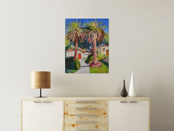 Two Palm Trees and Hispanic Houses, Landscape from California