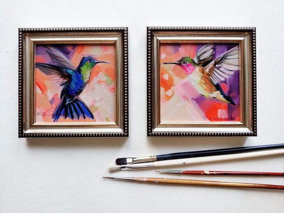 Hummingbirds art painting original, Set of 2 love birds art, Colibri art Bird on wings, Bird in flight art, Humming bird artwork frame