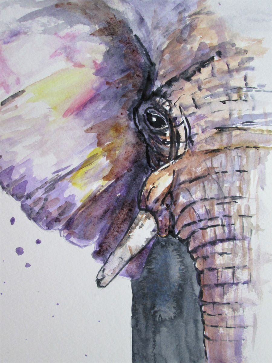 Expressive Animal Watercolour By Marjansart, 9 X 12", Elephant Half A Portrait, Original Artwork