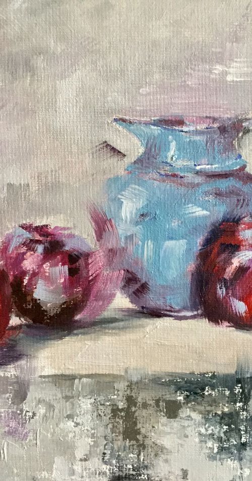 Trio of Plums with Blue Jug     Impressionist Still Life by Rebecca Pells