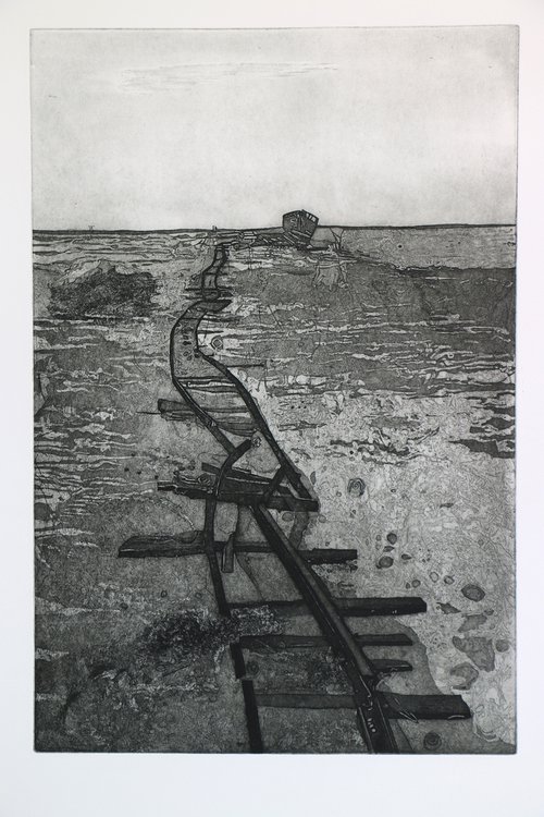 Heike Roesel "Broken Tracks", (charcoal), etching, edition of 7 in variation by Heike Roesel