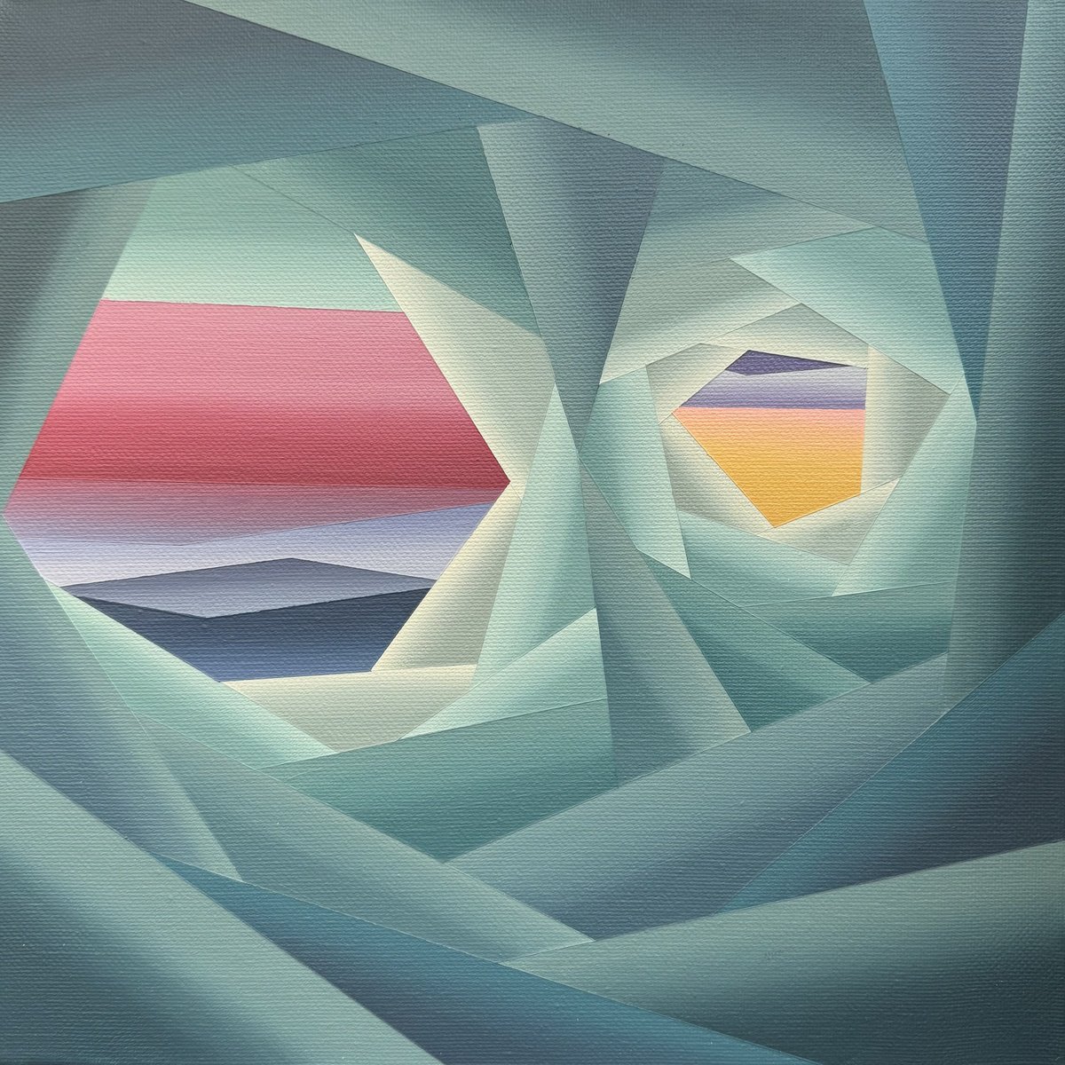Geometric Landscape Acrylic Painting By Shushanik Karapetyan, 12 X 12", Sunset Portal 3, Original Artwork
