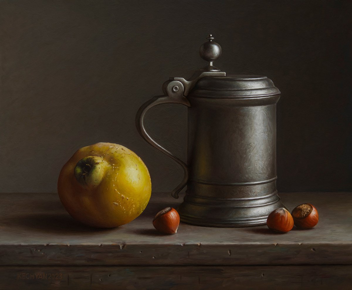 Photorealistic Still Life Oil Painting By Albert Kechyan, 16 X 13, Still Life With A Flagon, Original Artwork