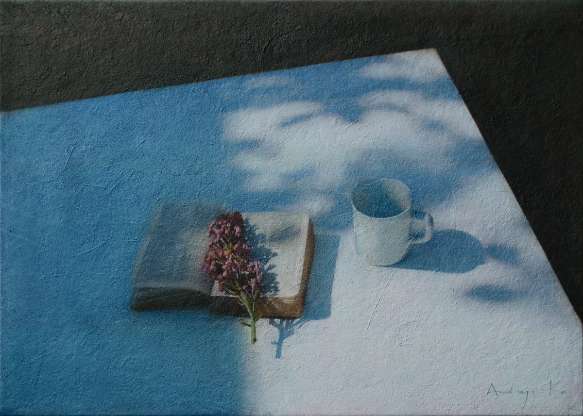 Photorealistic Still Life Acrylic Painting By Andrejs Ko, 28 X 20, The Book And The Lilac Branch, Original Artwork