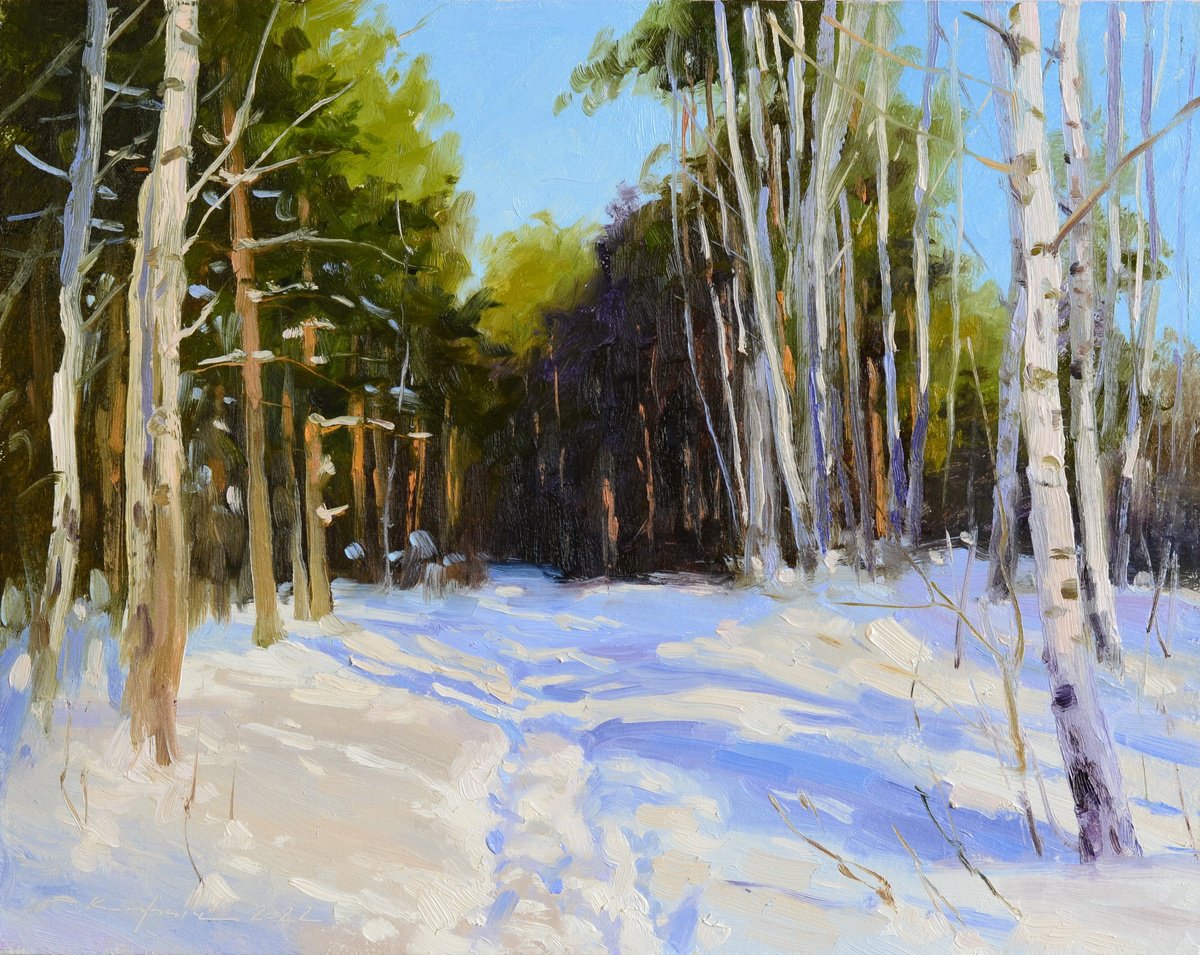 Impressionistic Landscape Oil Painting By Ruslan Kiprych, 12 X 9", Winter On The Edge, Original Artwork