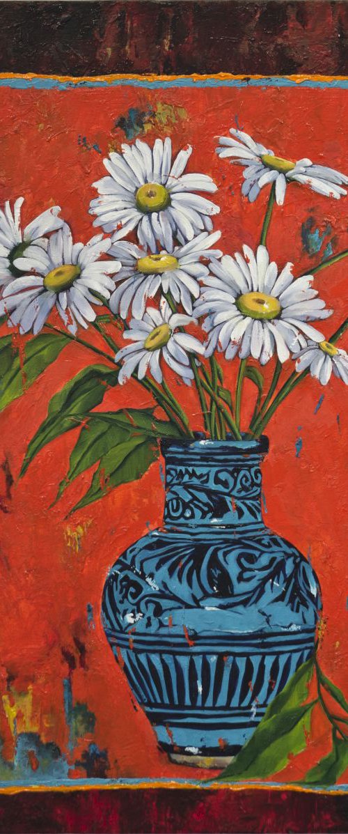 Daisy Flowers in a Vase - Vibrant and Warm - 61x61cm - original Oil painting on Canvas by Mahtab Alizadeh