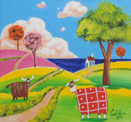 Highland cows folk art oil painting on canvas