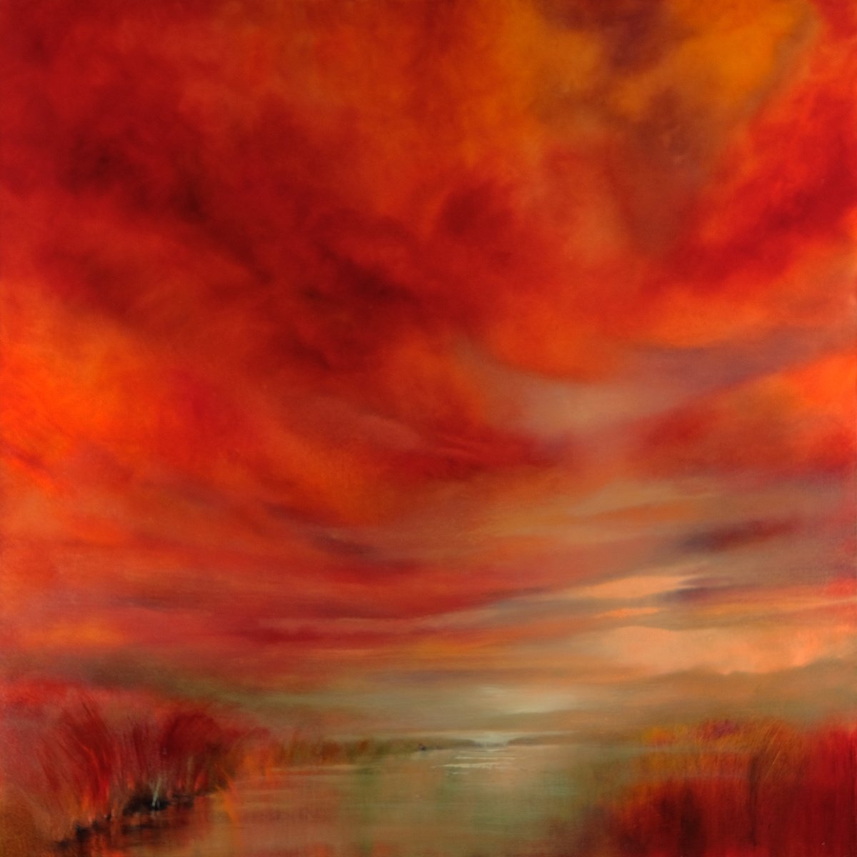 Photorealistic Landscape Oil Painting By Annette Schmucker, 39 X 39, Evening Mood, Original Artwork