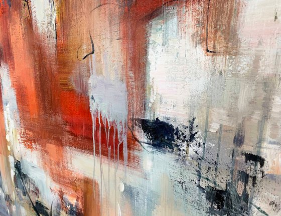 Turn Over - Extra Large Abstract Painting 80" x 40" , Oversize Canvas, Red, Gray, Gold Leaf Soft Colors White Gray Painting