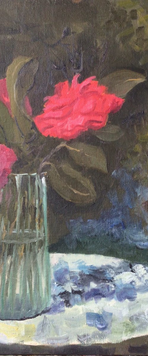 Red Camelias on a garden table. Oil painting. by Julian Lovegrove Art